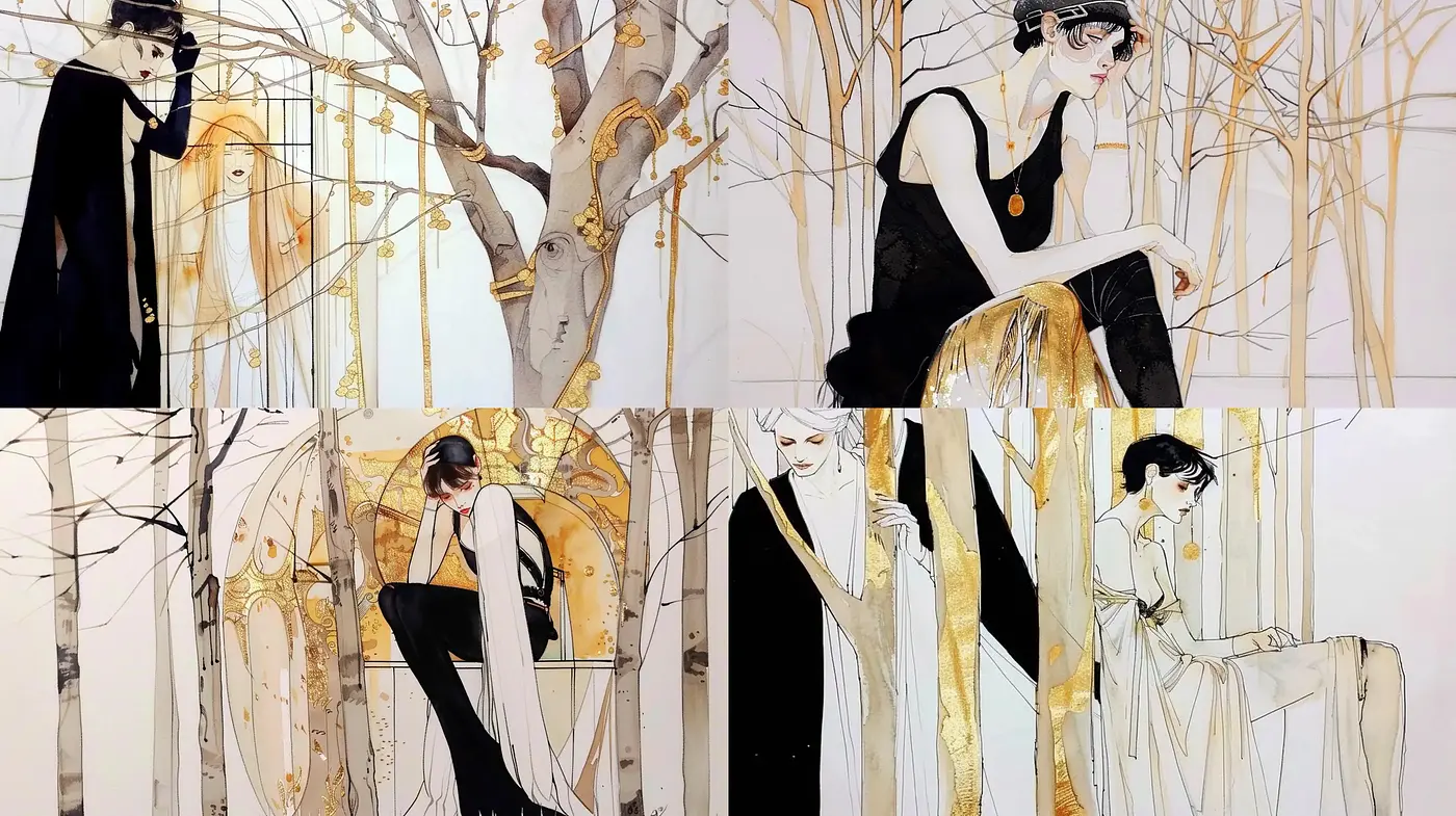 Elegance and Melancholy in Gold and Ink: A Homage to Art Nouveau - Midjourney sref style
