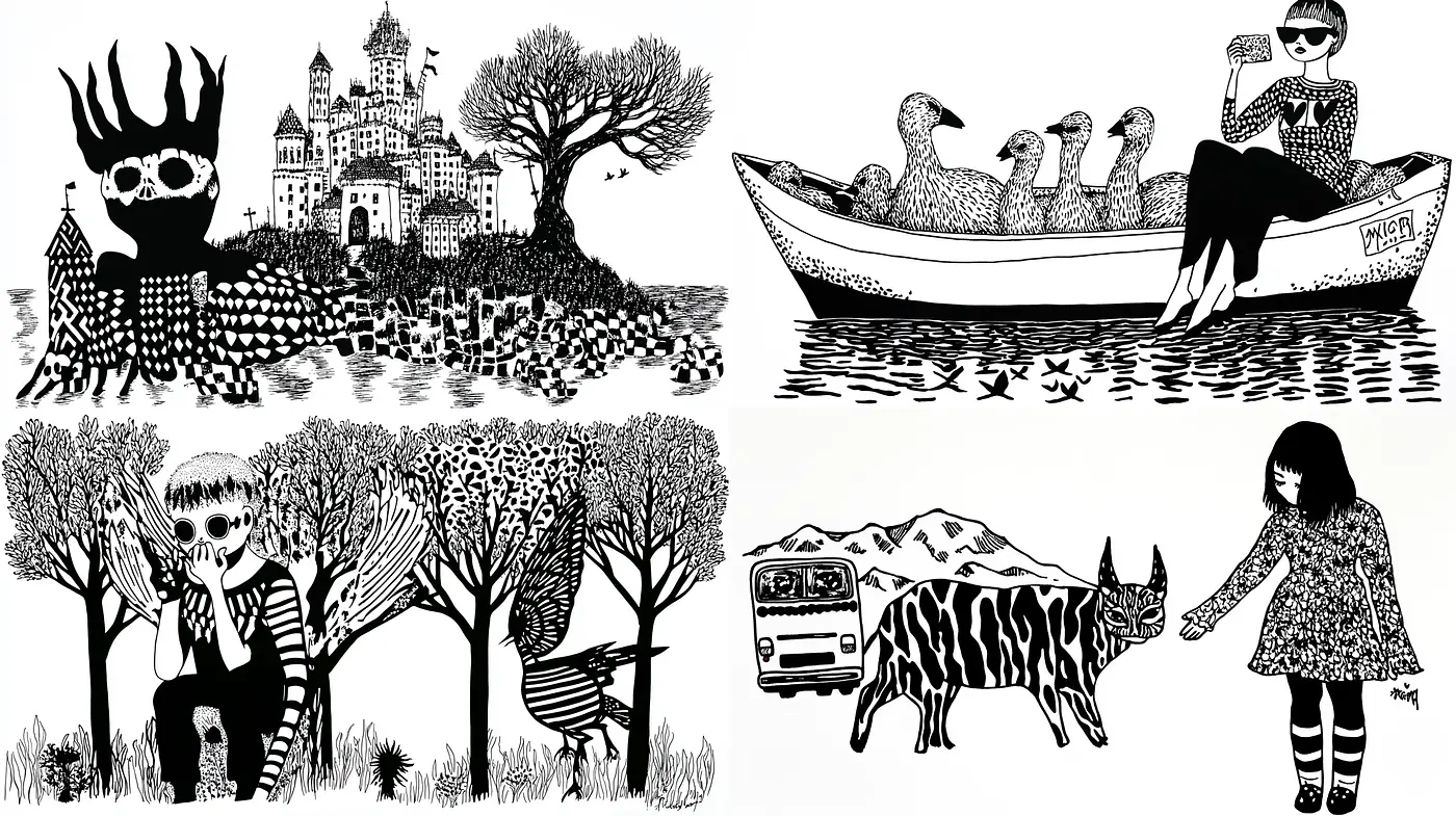 Monochromatic Whimsy: Stark Contrasts and Dreamlike Storybook Illustrations - Midjourney sref style
