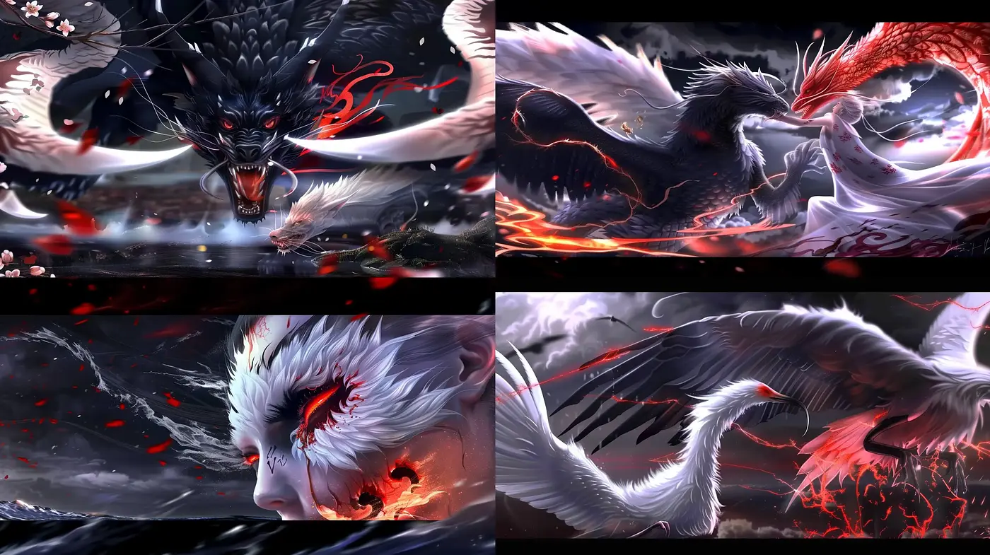 Dynamic Fantasia of Mythical Avian Conflict - Midjourney sref style