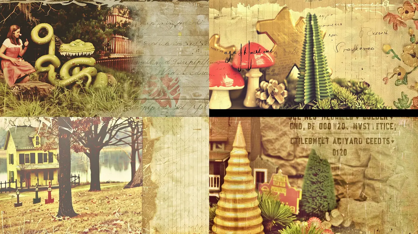 Sepia-Toned Surrealist Collage with Textured Overlays - Midjourney sref style