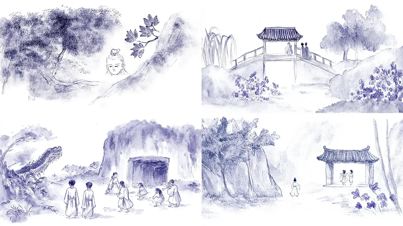 Monochromatic Asian Ink Wash Dreamscapes - Midjourney sref style