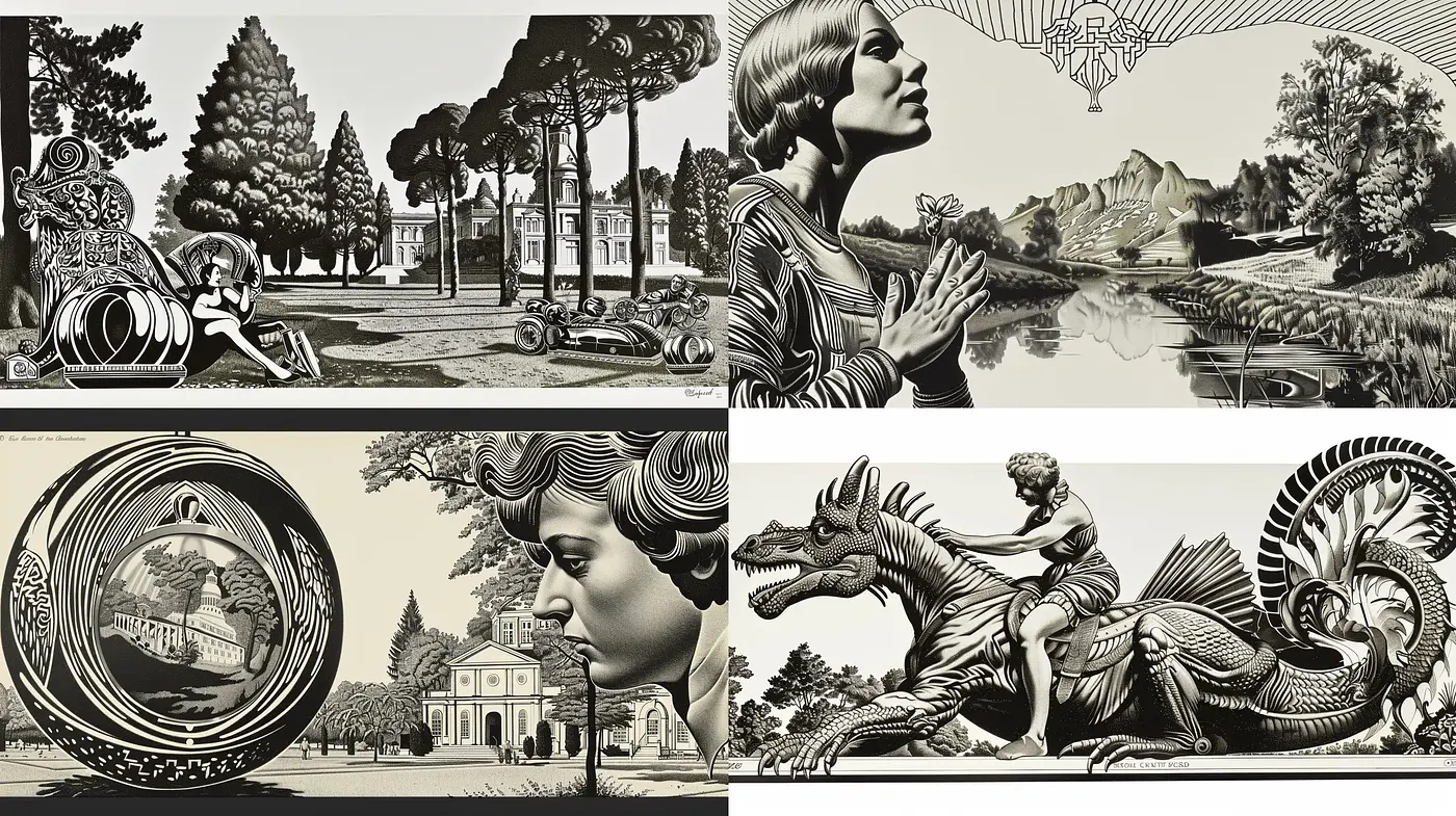 Monochromatic Neo-Classical Fusion with Surrealist Undertones - Midjourney sref style