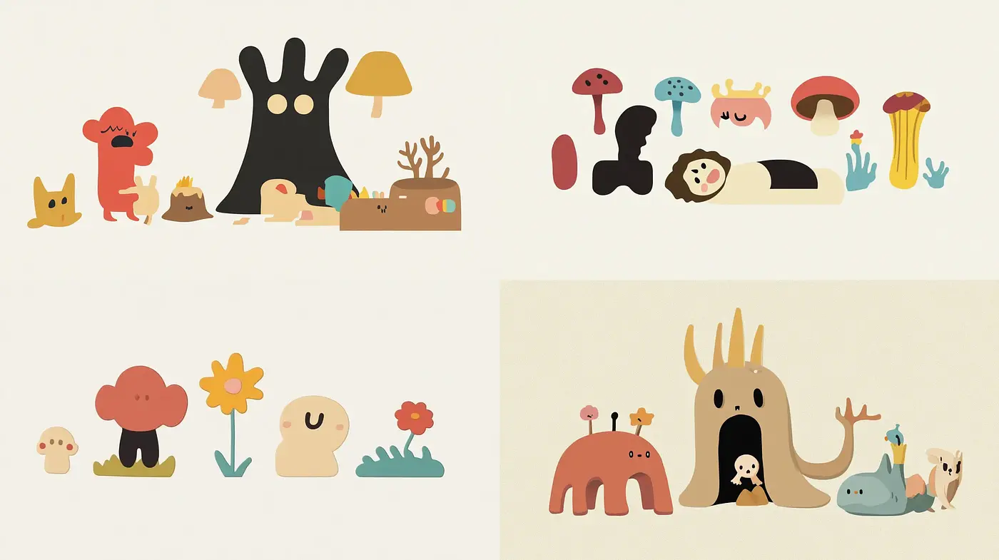 Whimsical Storybook Illustrations with Contemporary Flat Color Design - Midjourney sref style