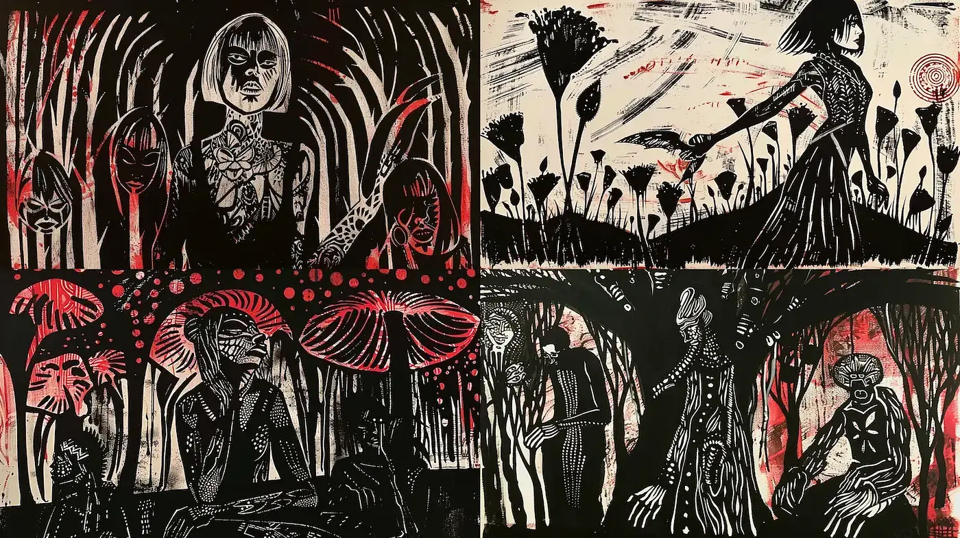 Ethereal Dreamscape: A Fusion of Tribal and Surrealist Imagery - Midjourney sref style