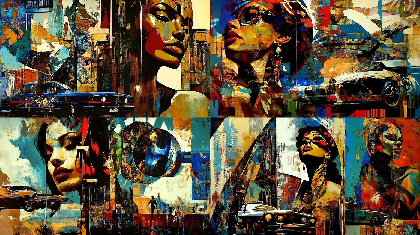 Abstract Urban Chic: A Fusion of Street Art and Energetic Scrapbook Expressions - Midjourney sref style