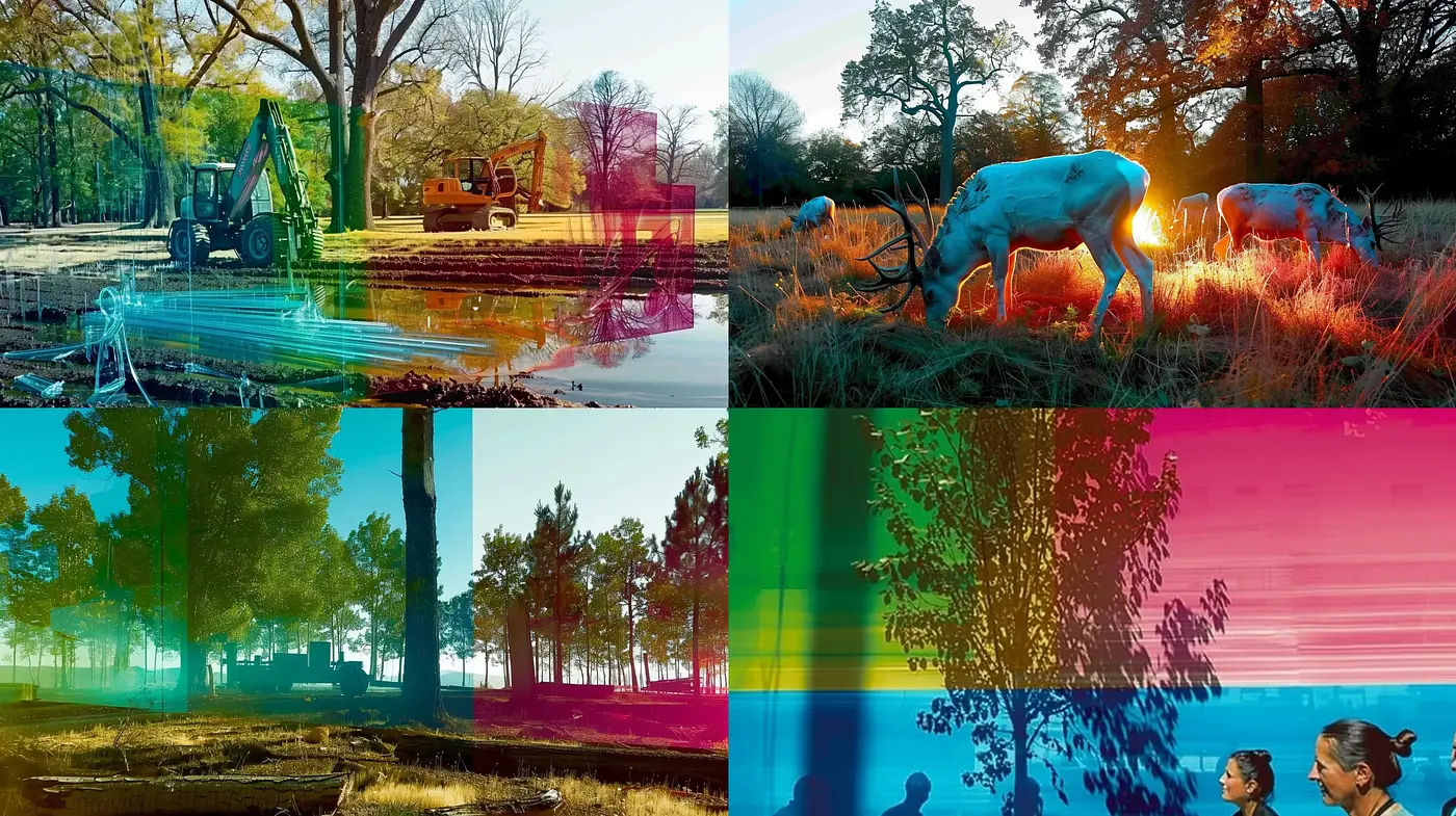 Harmonized Dichotomy of Serene Landscapes and Vibrant Glitch Art - Midjourney sref style