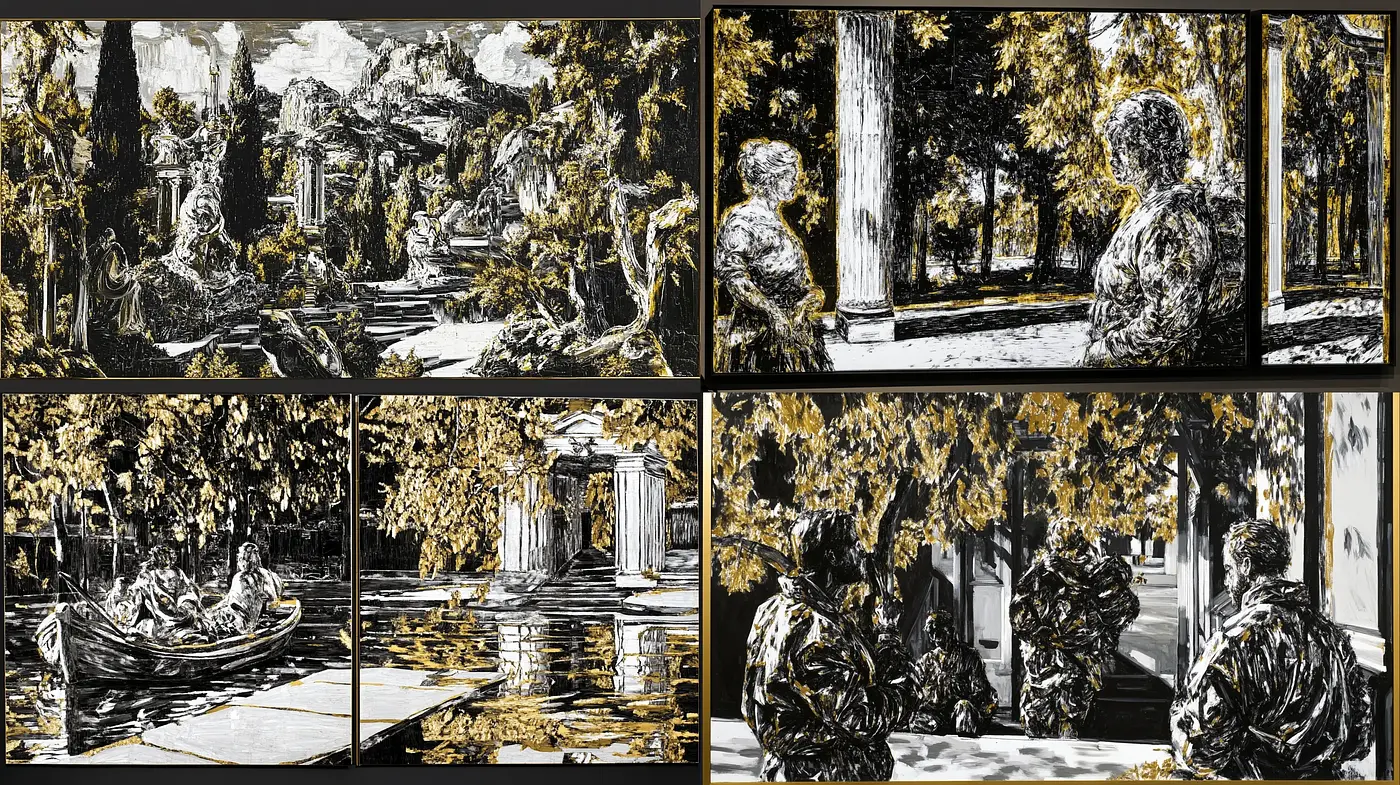 Monochromatic Elegance with Lustrous Gold Accent - Midjourney sref style