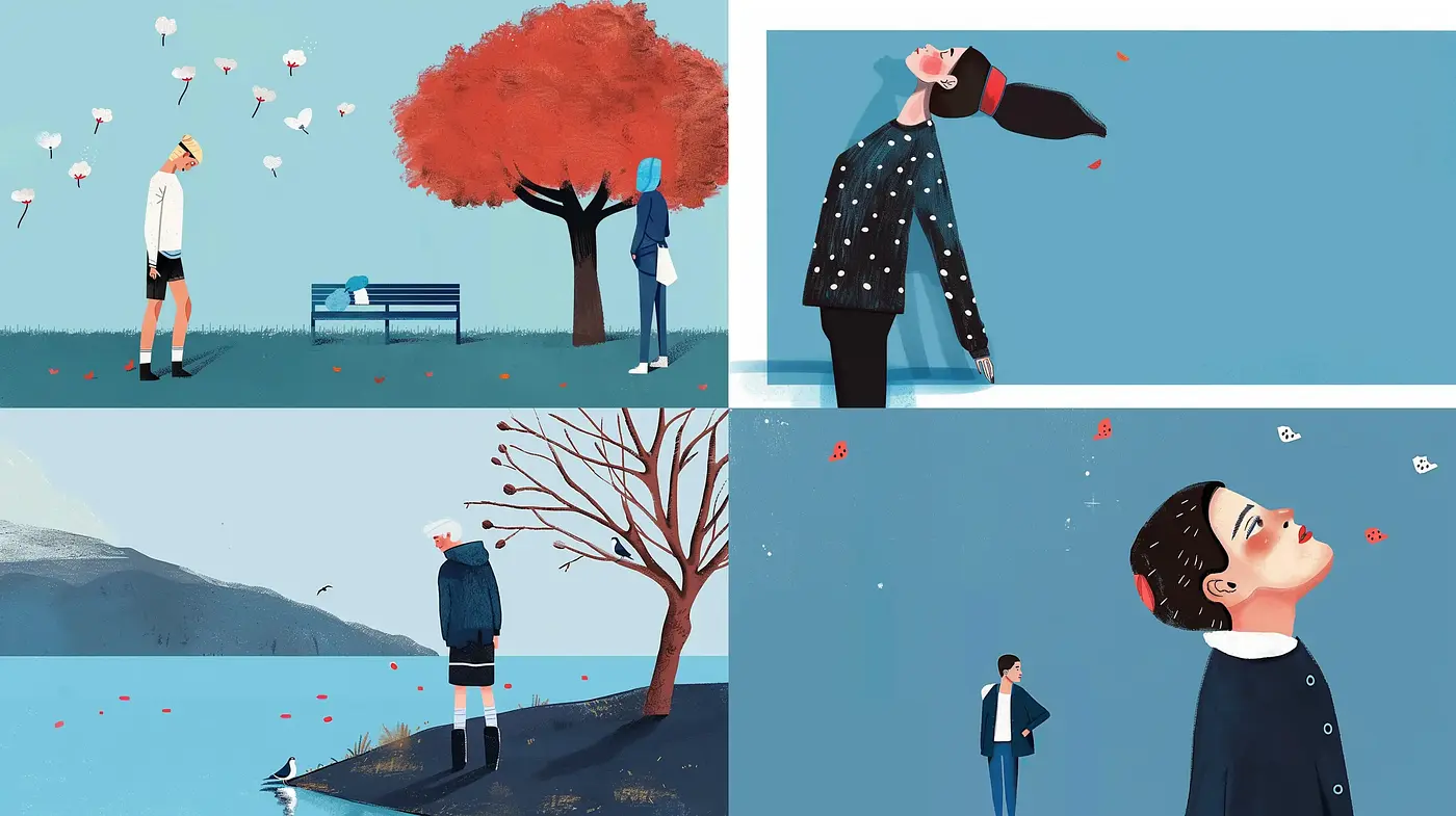 Serenely Whimsical Illustrations with a Modern Flat Color Composition - Midjourney sref style