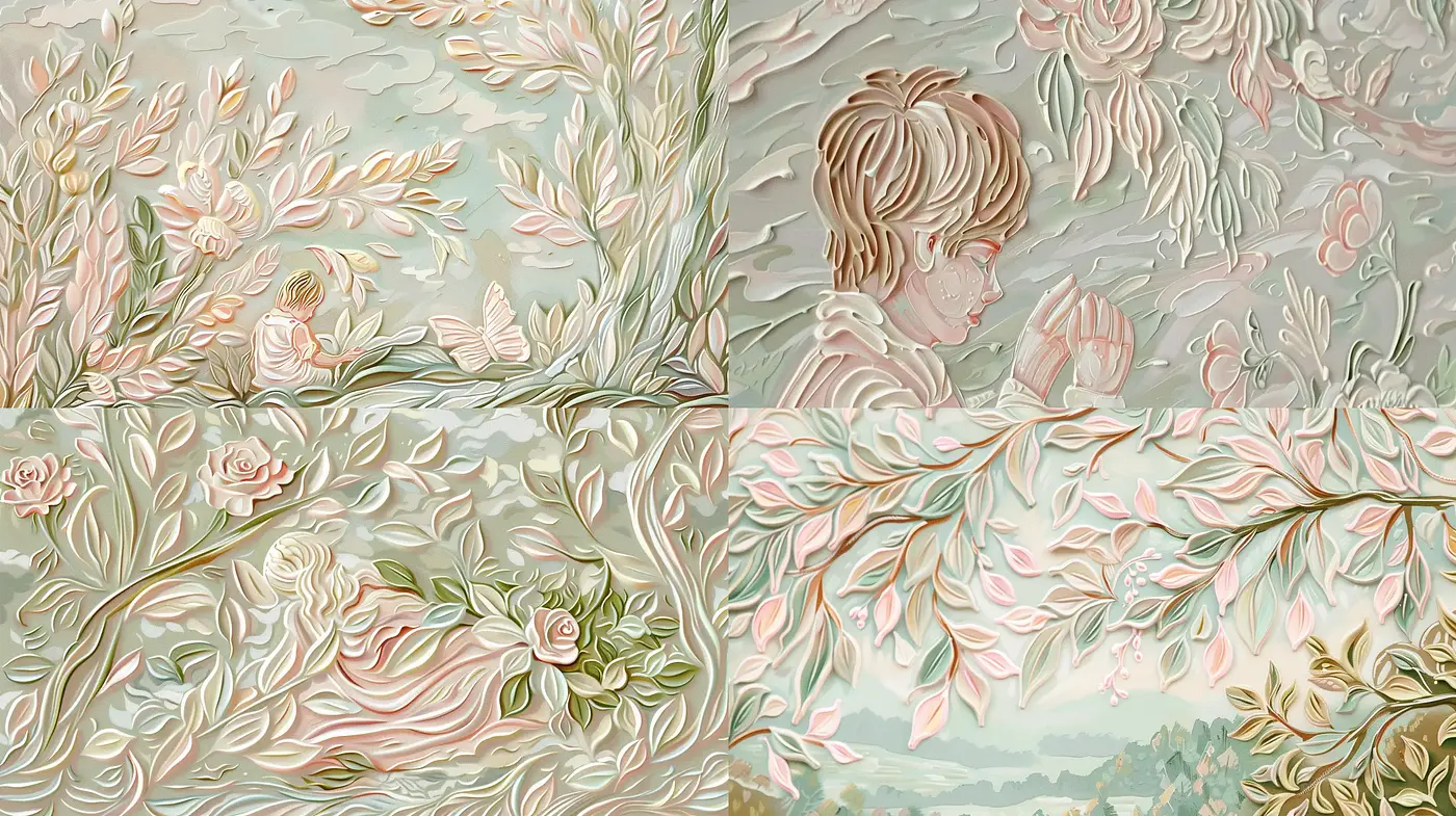 Ethereal Botanical Tapestry: A Pastel Exploration of Floral Patterns and Whimsical Imagery - Midjourney sref style