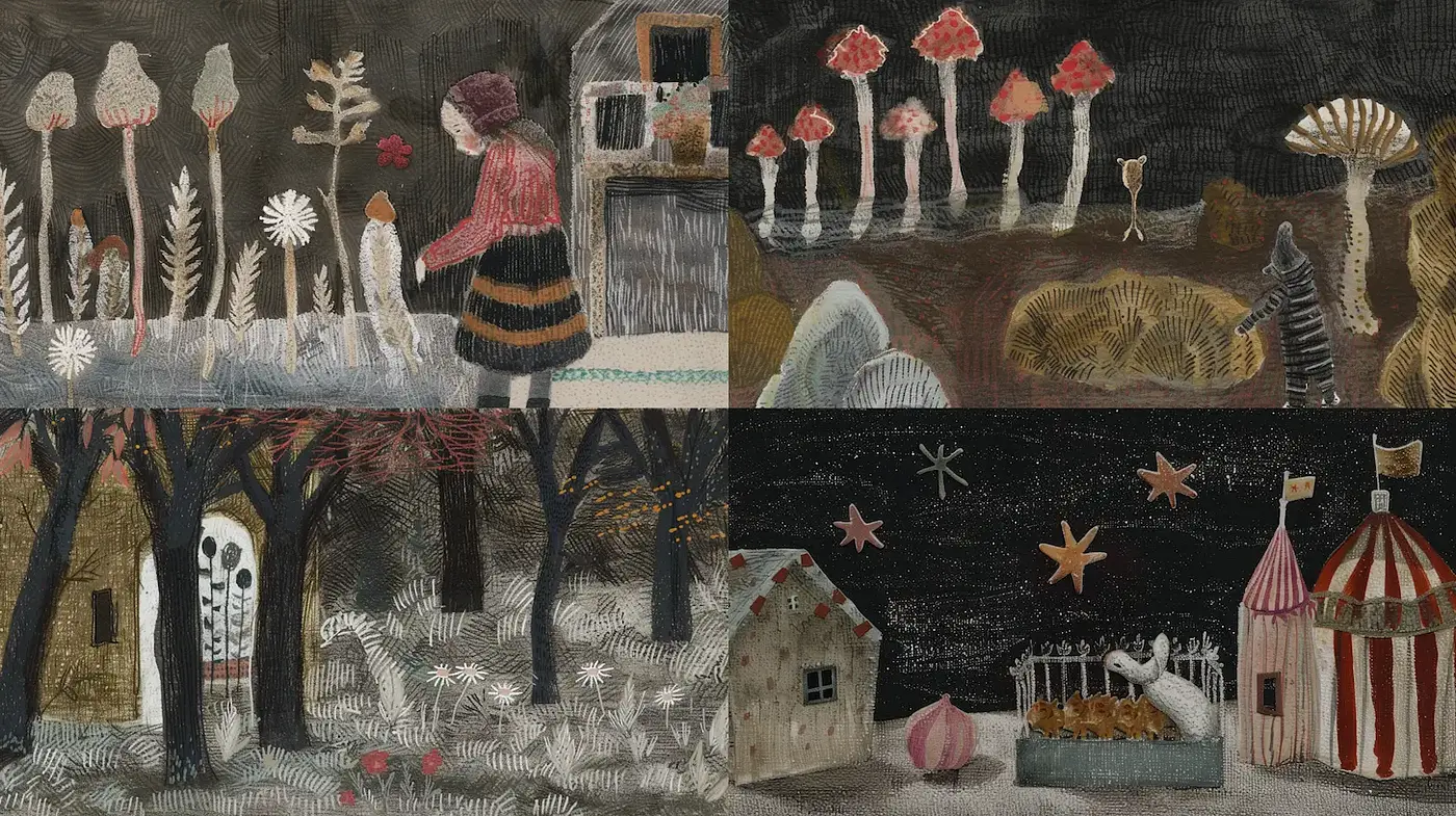 Whimsical and Mysterious Folk Art with a Touch of Surrealism - Midjourney sref style