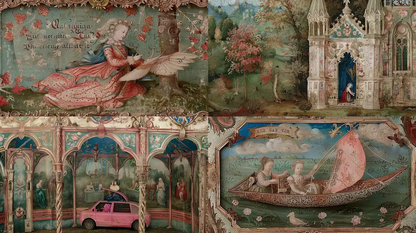 Renaissance Tapestry Dreamscapes with Surrealist Undertones - Midjourney sref style