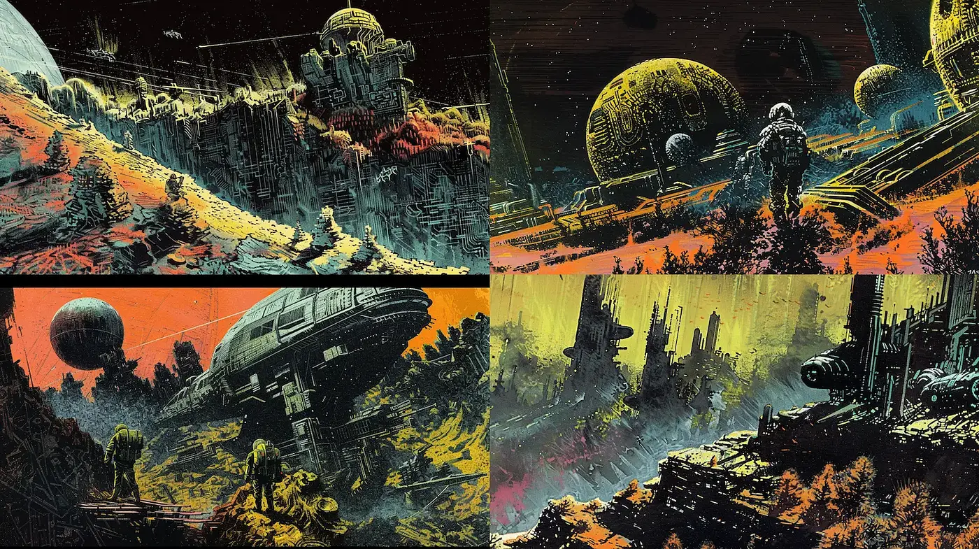 Futuristic and Gritty Sci-Fi Landscape with Retro Vibes - Midjourney sref style