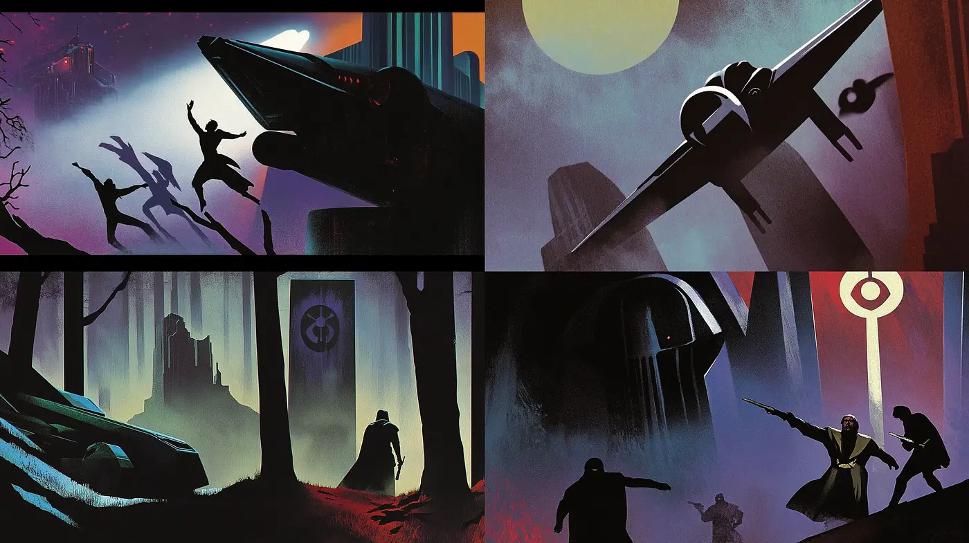 Nocturnal Silhouettes and Sinister Ambience in Retrofuturistic Illustration - Midjourney sref style