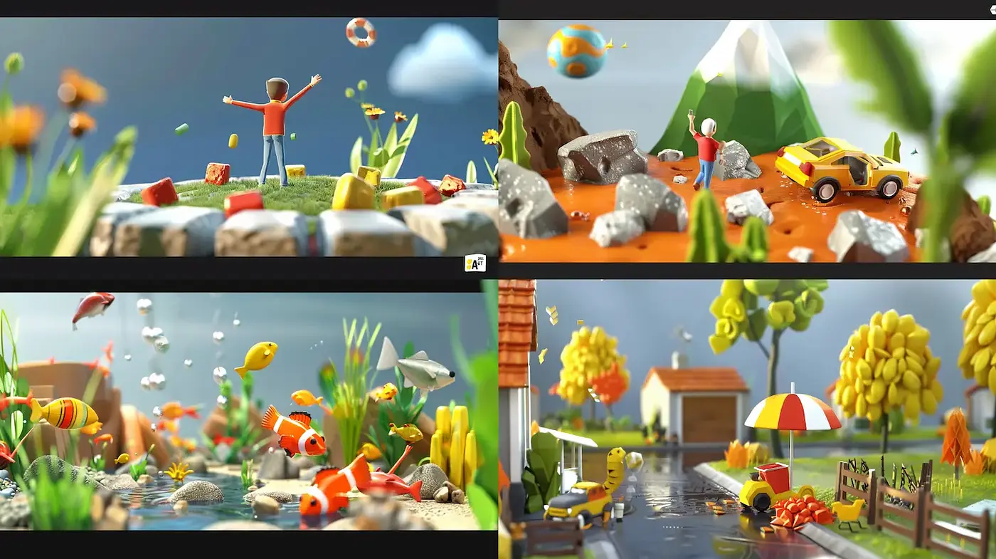 Vibrant and Playful 3D Illustration with Nature Elements - Midjourney sref style