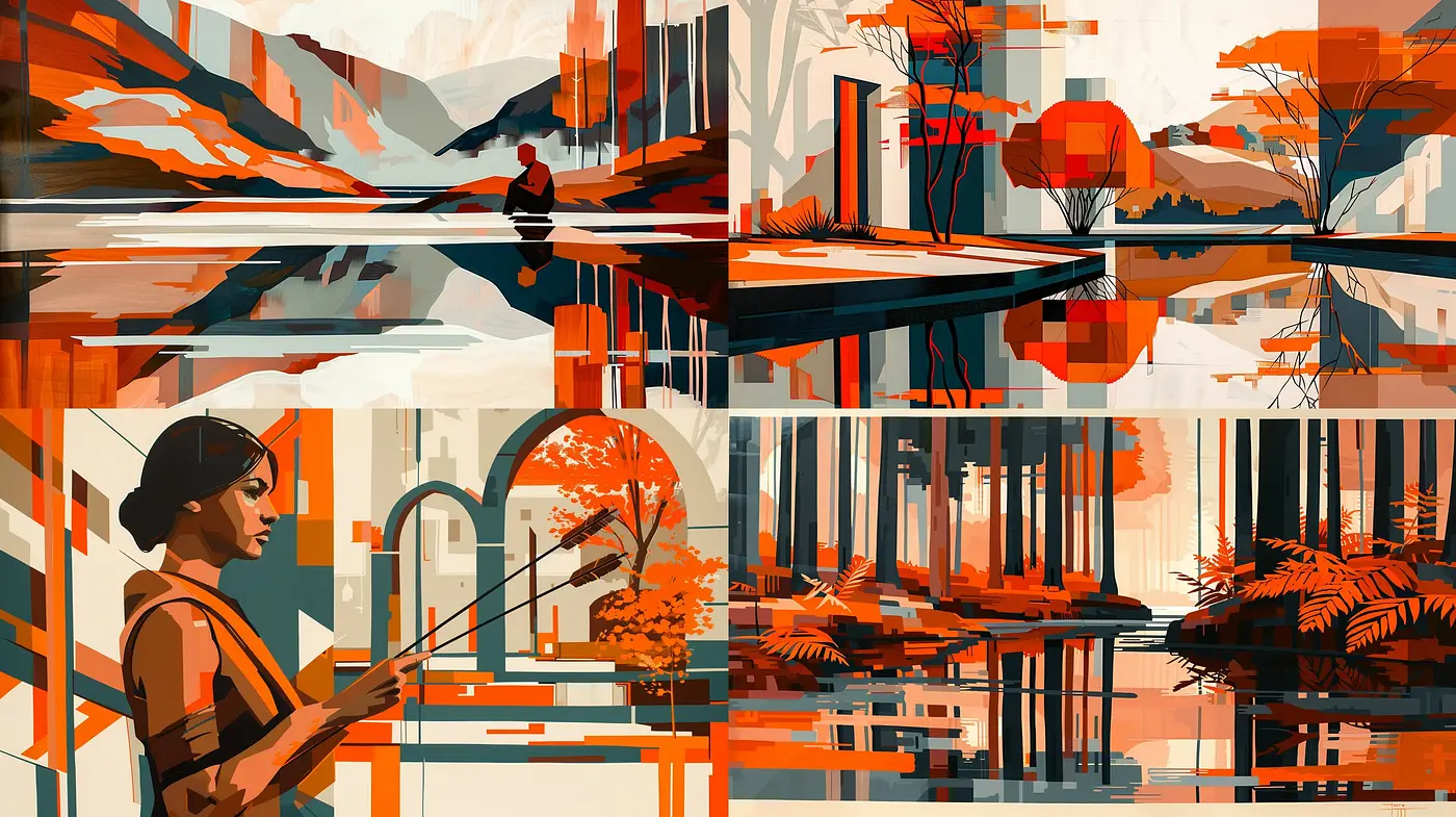 Autumnal Geometric Tranquility: A Consistent Palette of Warm Hues and Sharp Lines - Midjourney sref style