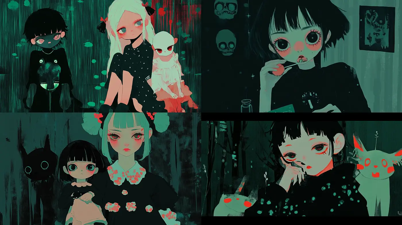 Eerie Enigmatic Shadows and Hues: A Consistent Dark Animated Narrative - Midjourney sref style