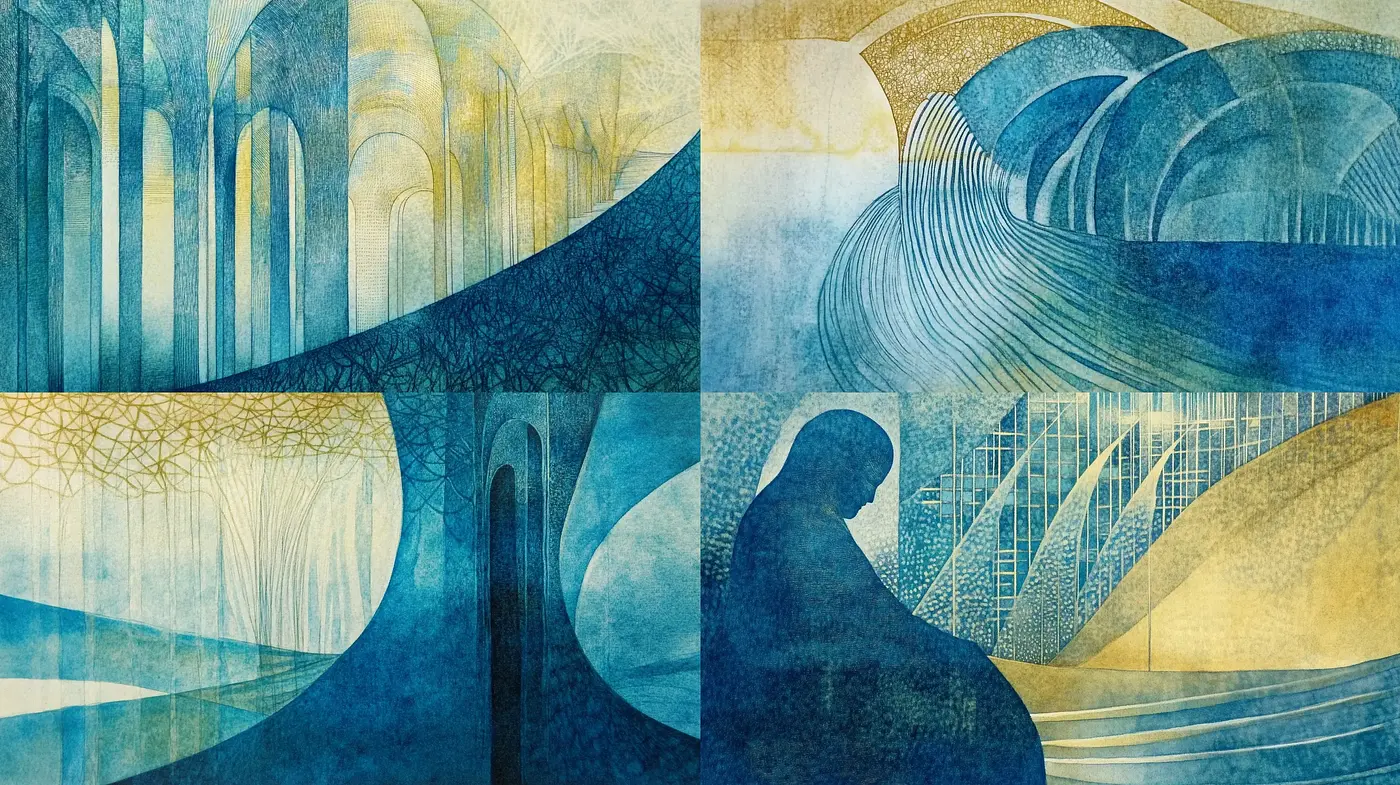 Ethereal Watercolor Dreamscape in Cool Monochromatic Tones - Midjourney sref style