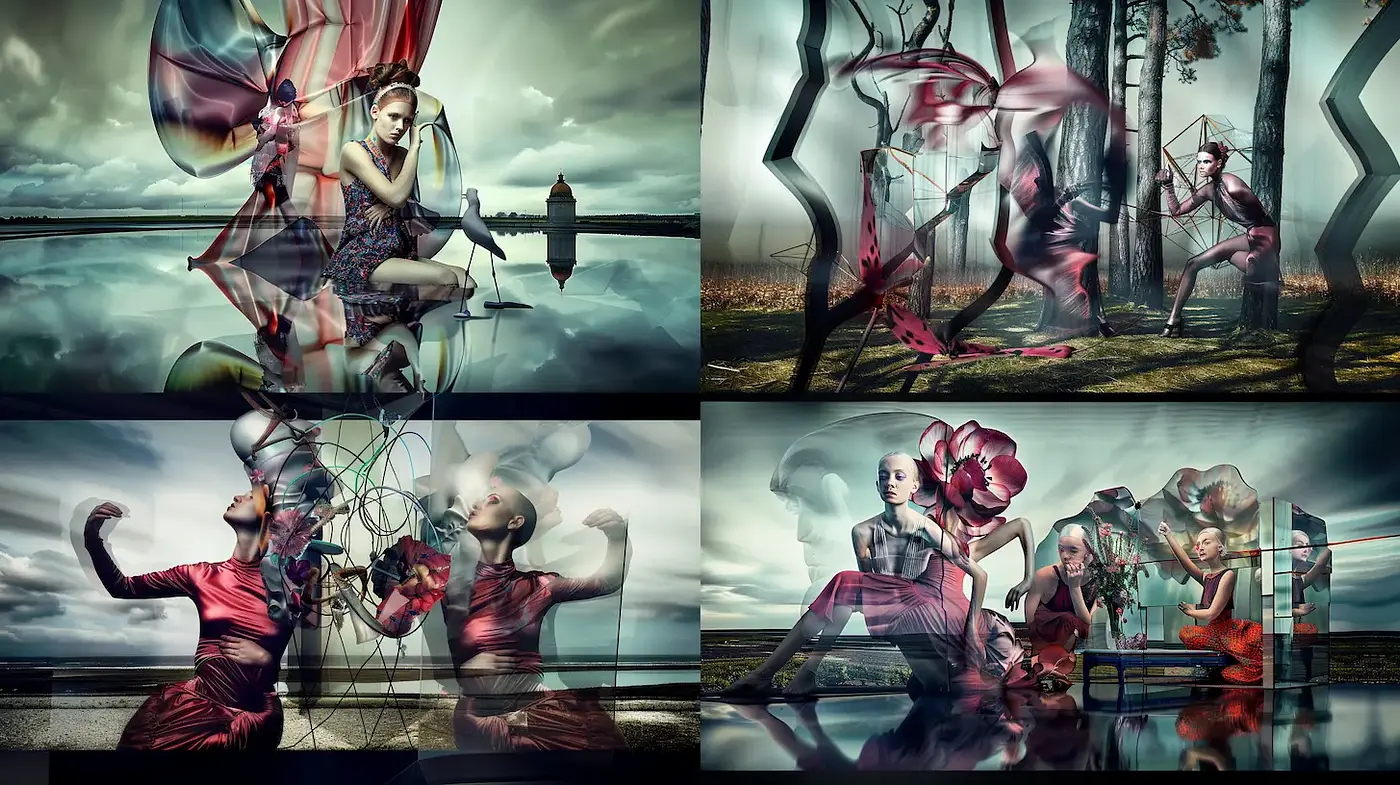 Dynamic and Surreal Artistic Exploration of Form and Color - Midjourney sref style