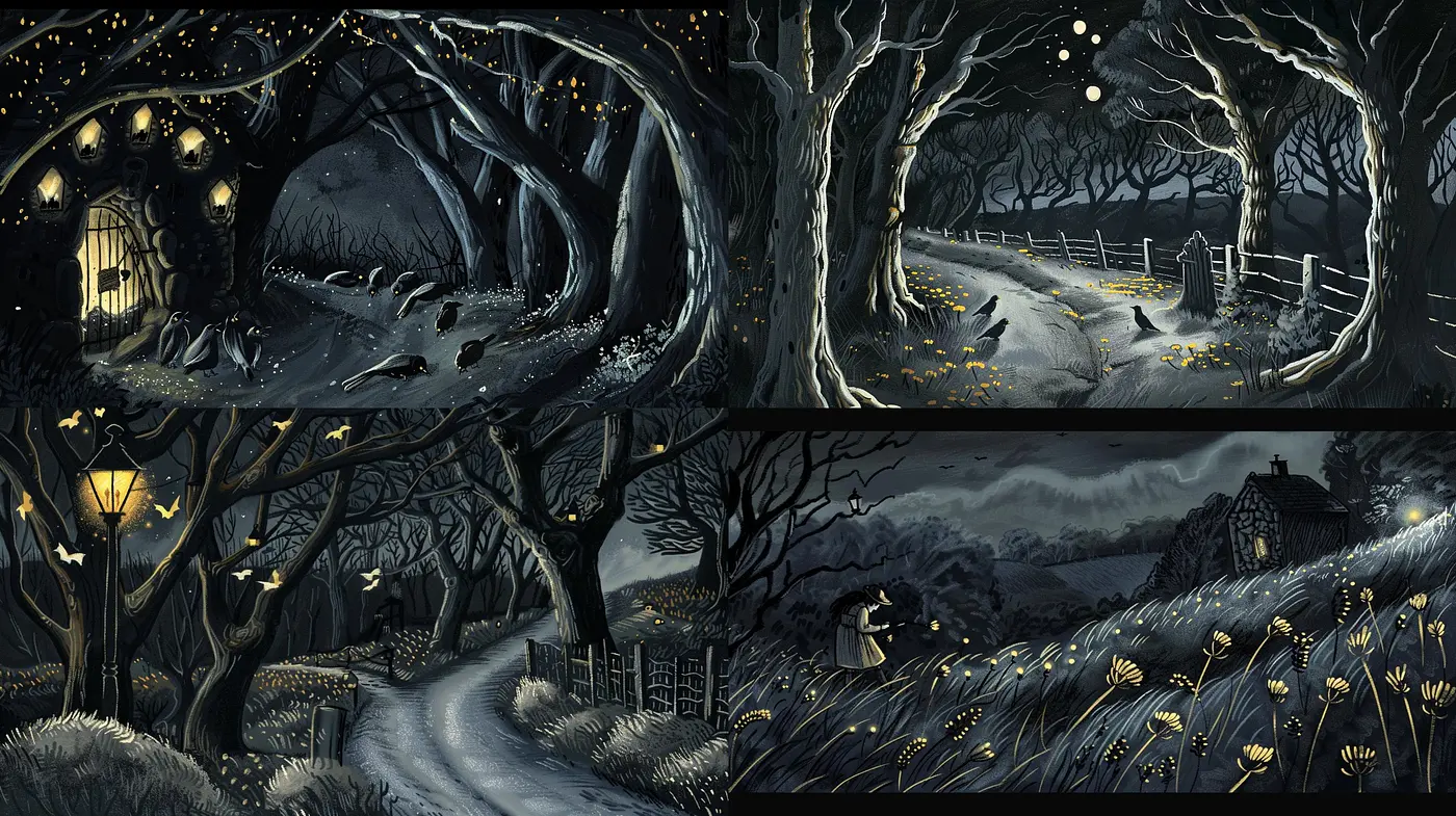 Eerie Nocturnal Whispers: A Journey Through Stylized Moonlit Landscapes - Midjourney sref style
