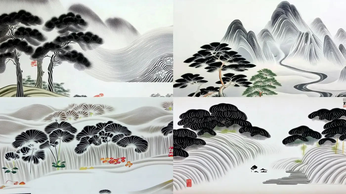 Monochromatic Waves and Whimsical Nature Fusion - Midjourney sref style