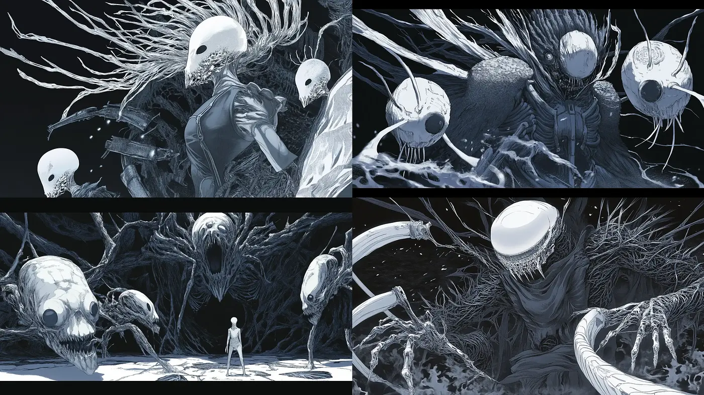 Monochromatic Surrealism with Biomechanical Overtones - Midjourney sref style