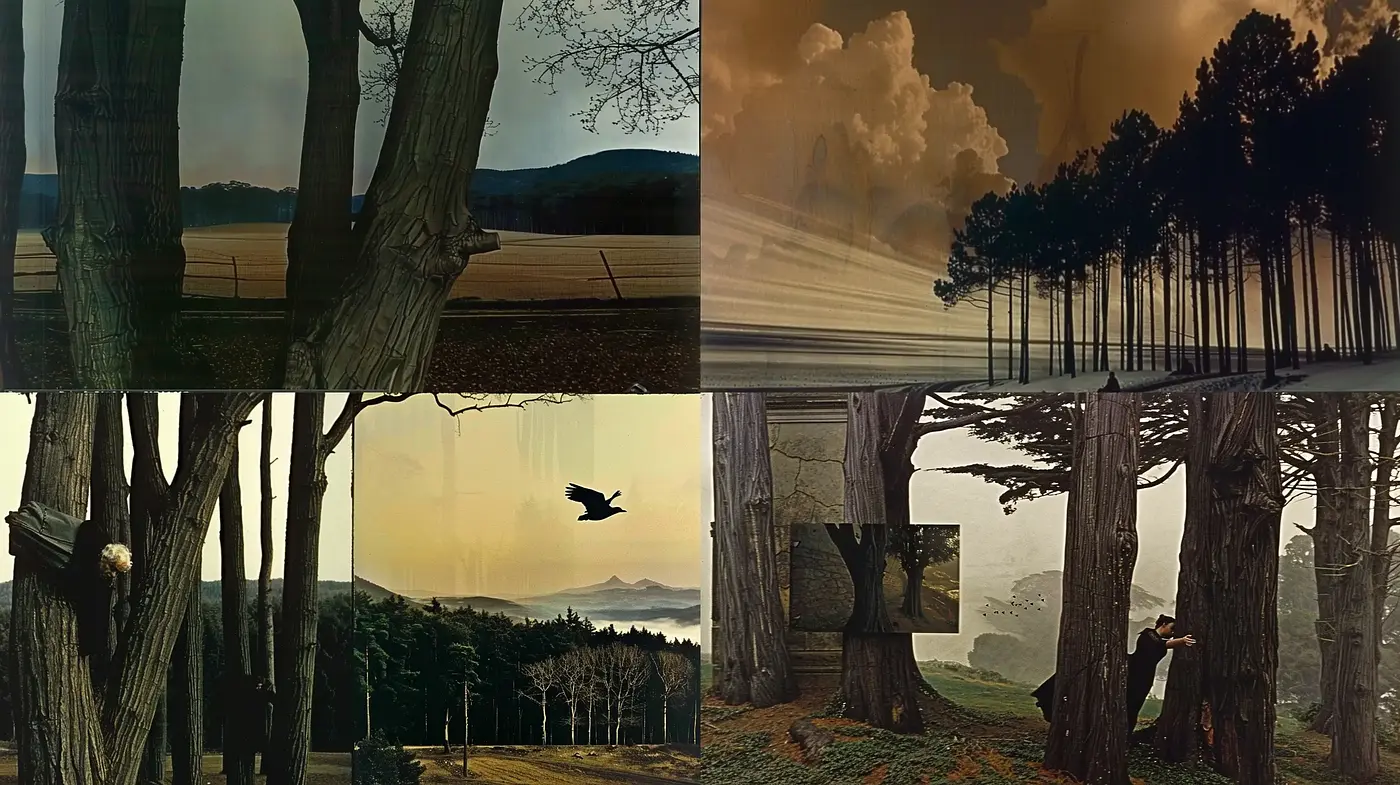 Whispering Pines: A Dance of Shadows and Mystic Hues - Midjourney sref style