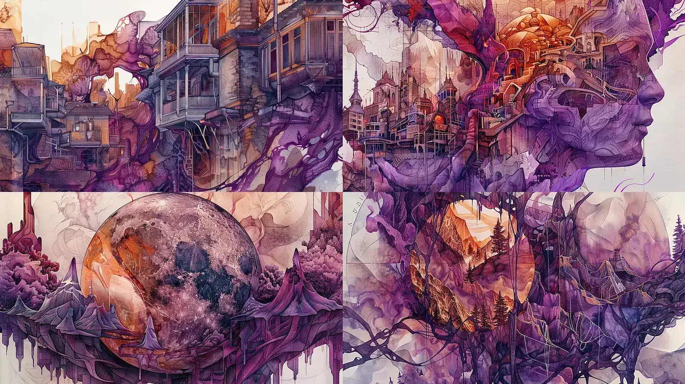 Surreal and Ethereal Urban Landscapes with Dreamlike Elements - Midjourney sref style