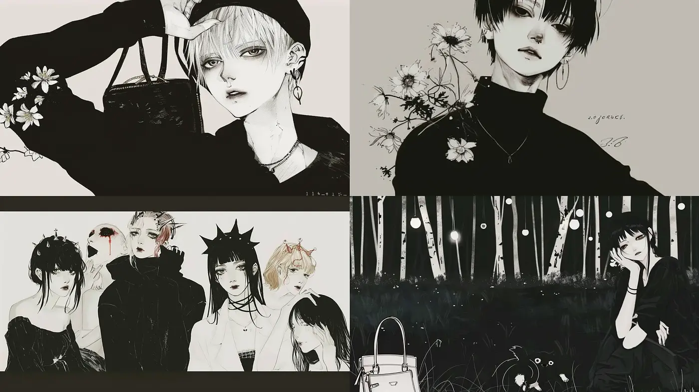 Monochromatic Elegance with a Whimsical Anime Essence - Midjourney sref style