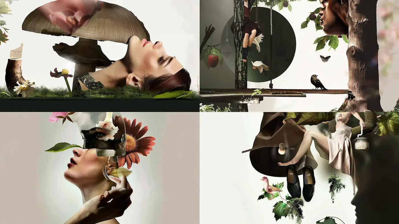 Surrealistic Dreamscapes with Organic Elements and Layered Textures - Midjourney sref style