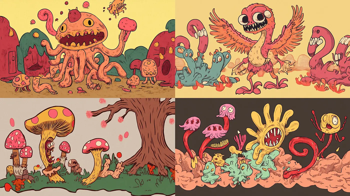 Whimsical Creature Chaos in Warm-Toned Surrealist Landscapes - Midjourney sref style