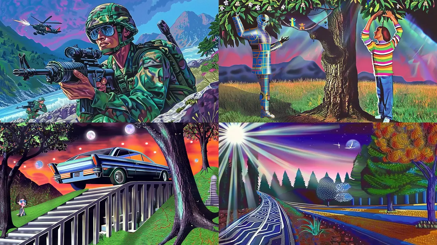 Surrealistic Dreamscape Fusion with Vibrant Hues - Midjourney sref style