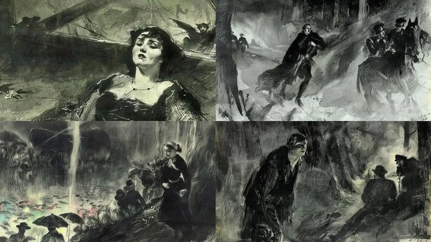 Mysterious and Dramatic Monochrome Illustrations with a Touch of Vintage Aesthetic - Midjourney sref style