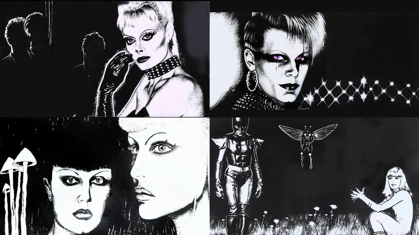 Monochromatic Gothic Ink Illustration Ensemble - Midjourney sref style