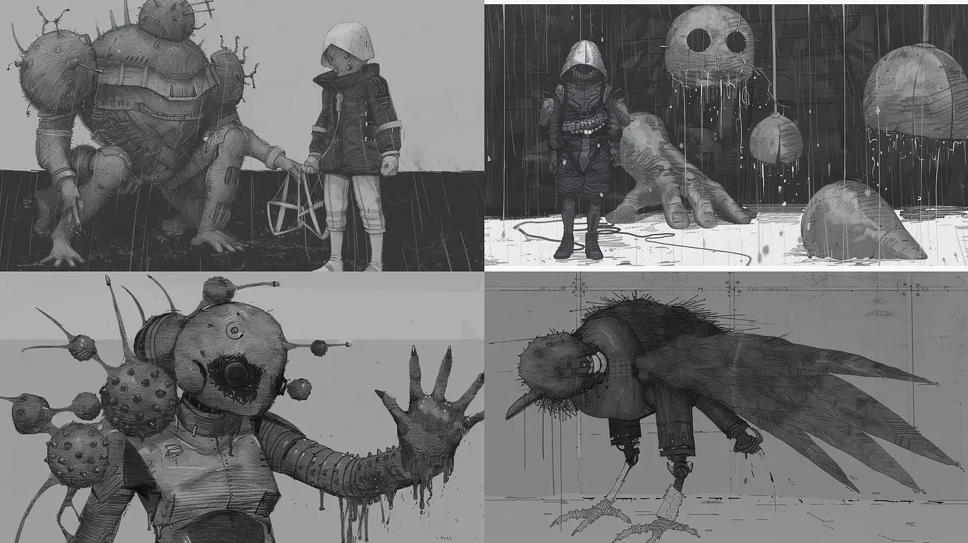Monochromatic Dystopian Dreamscape in Graphite Textures - Midjourney sref style