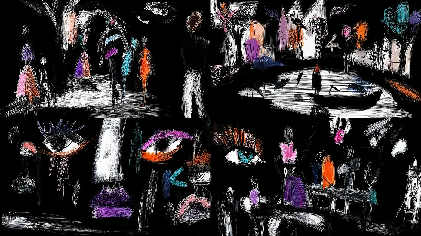 Dynamic and Expressive Mixed Media Art with a Dark Palette - Midjourney sref style