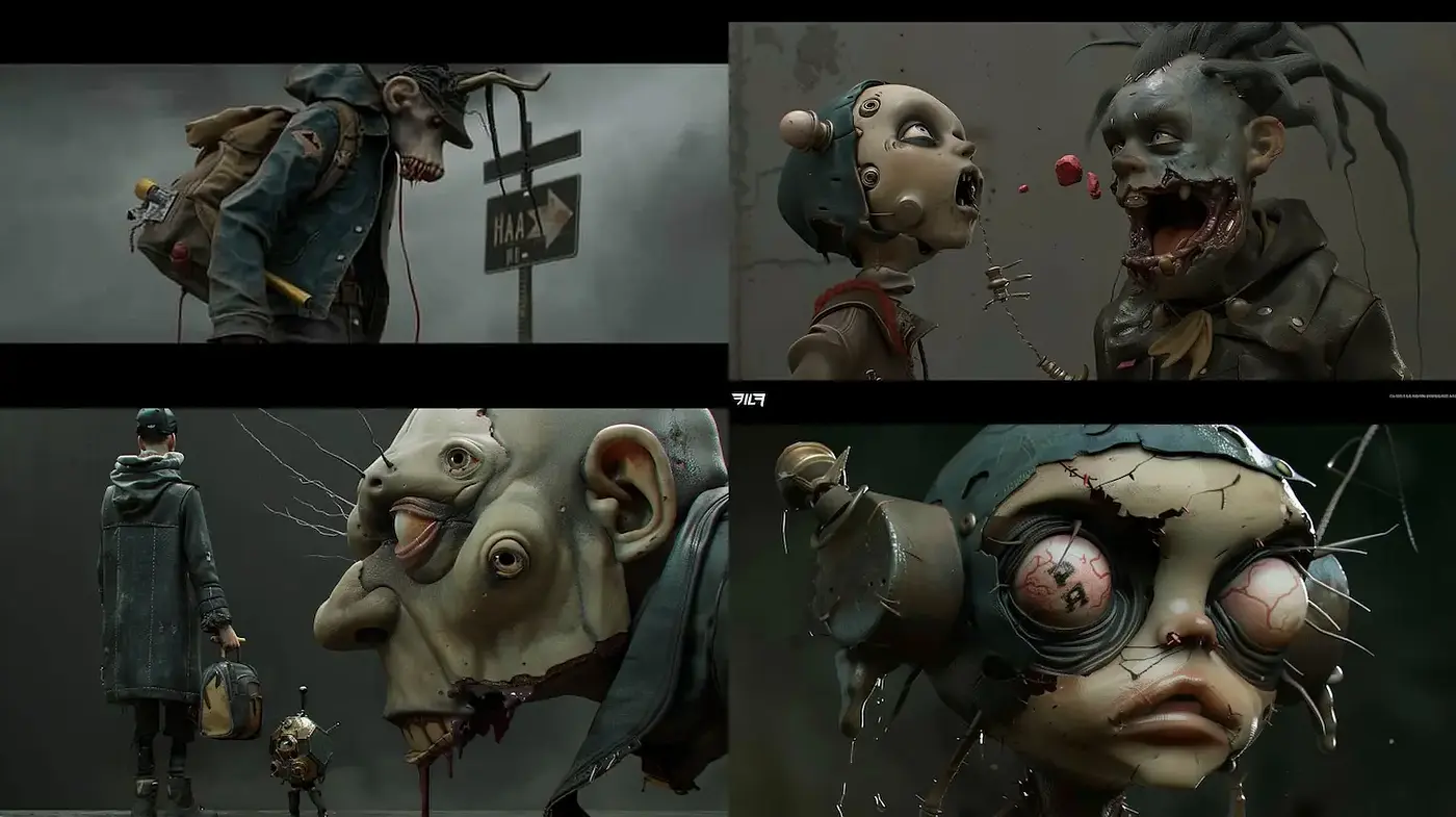 Surreal, darkly whimsical illustrations featuring grotesque characters and eerie atmospheres - Midjourney sref style