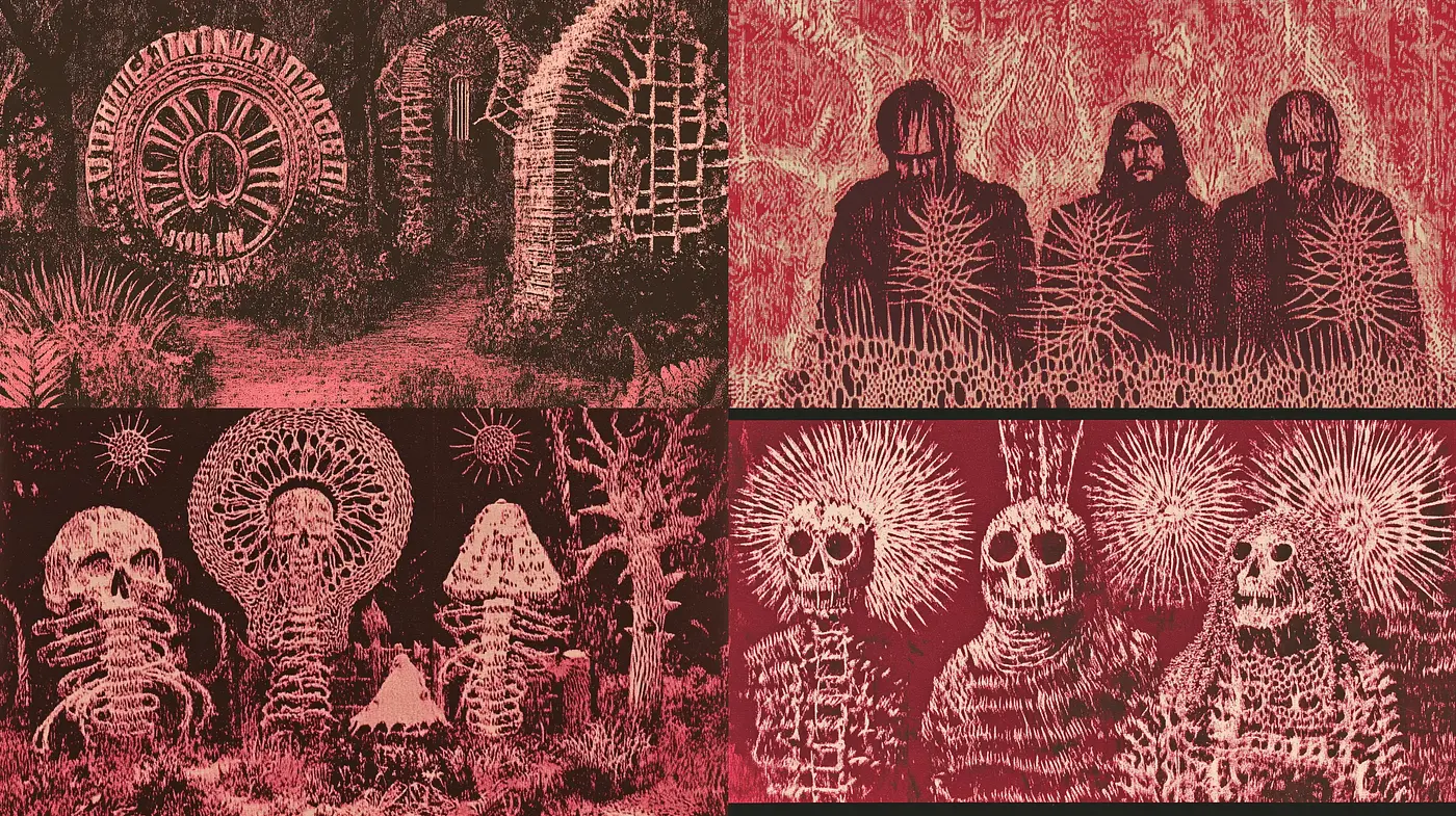 Macabre Tapestry: An Interwoven Dance with Death in Crimson and Umber - Midjourney sref style