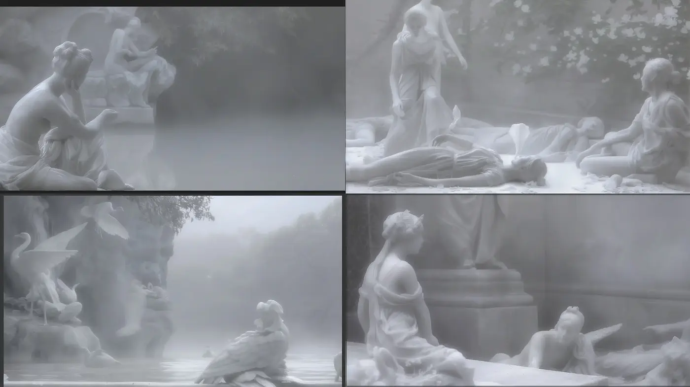 Ethereal Monochromatic Tableaux of Classical Sculptures - Midjourney sref style