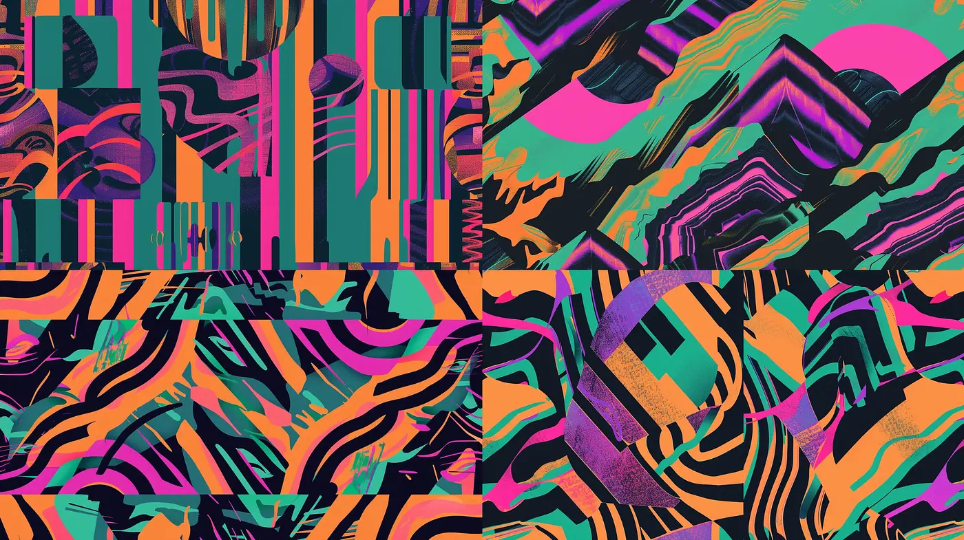 Abstract Technicolor Dreamscapes: A Fusion of Synthwave and Retrofuturism - Midjourney sref style