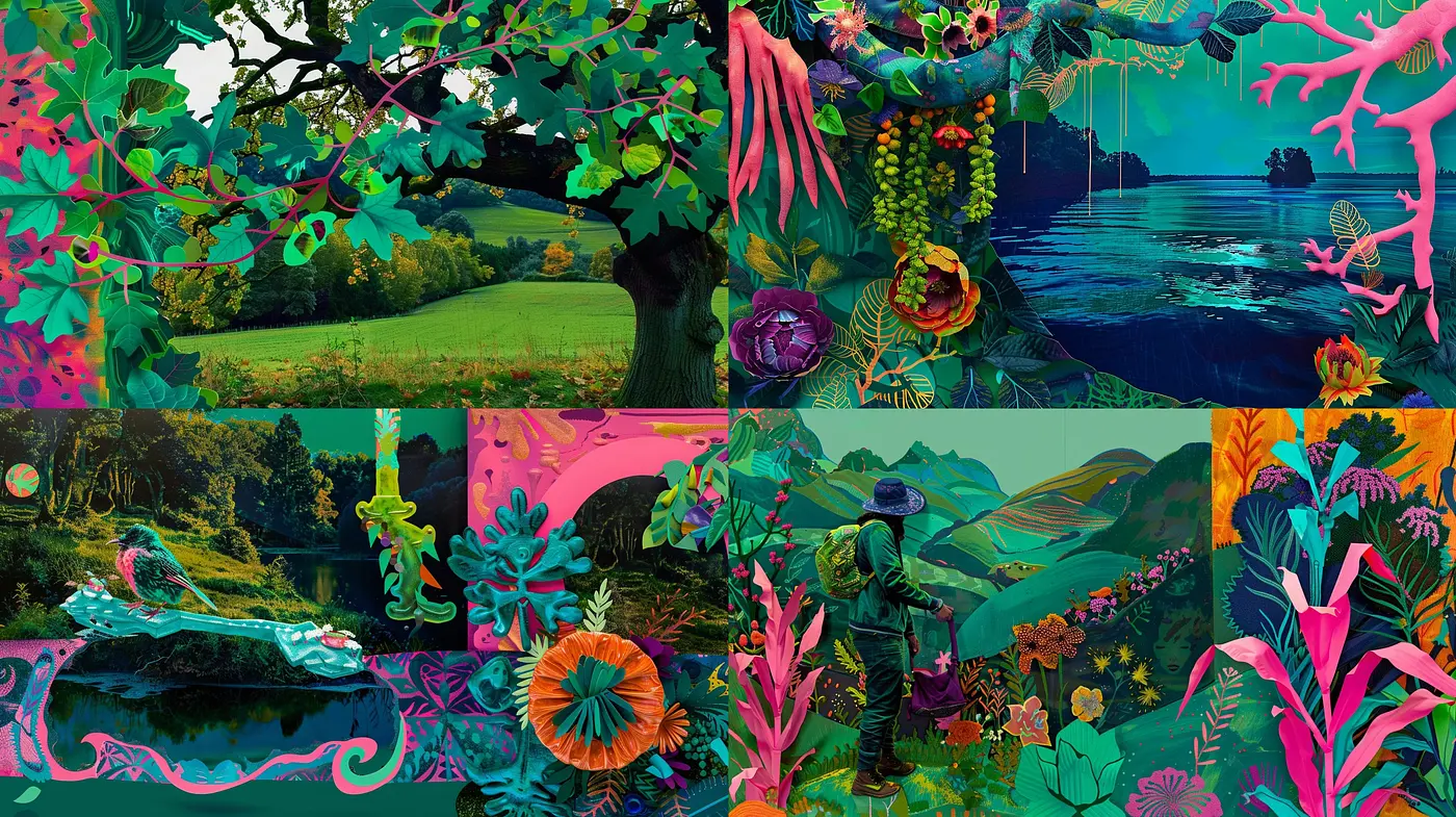 Vibrant Tapestry of Nature: A Colorful Mosaic of Flora and Fauna in a Stylized Dreamworld - Midjourney sref style