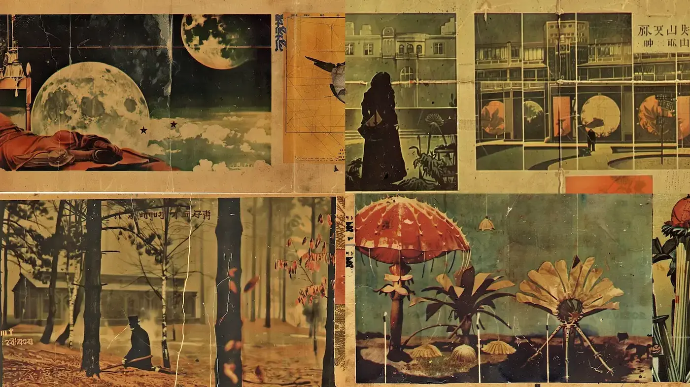 Retro-futuristic collage with serene nature and cosmic elements - Midjourney sref style