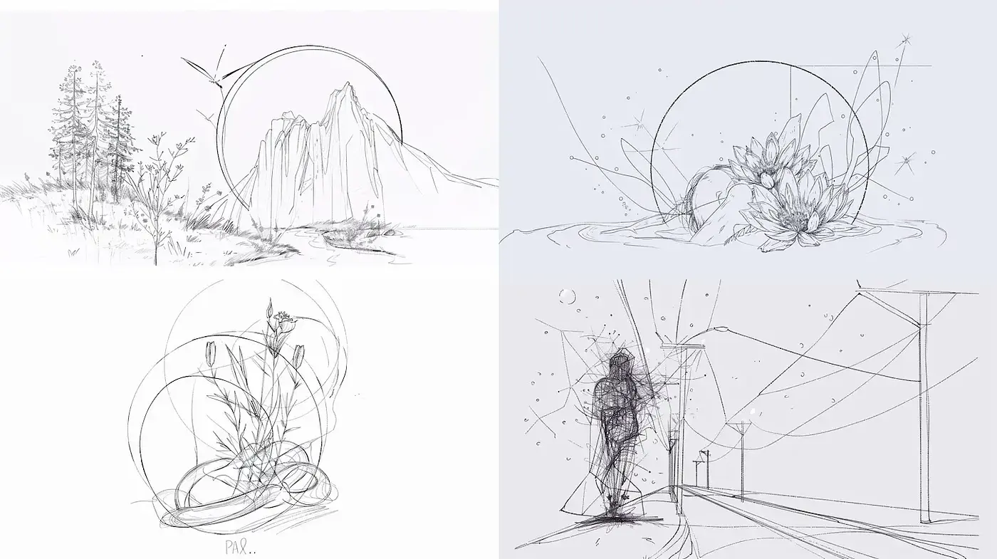Delicate Line Art with a Serene Natural Theme - Midjourney sref style
