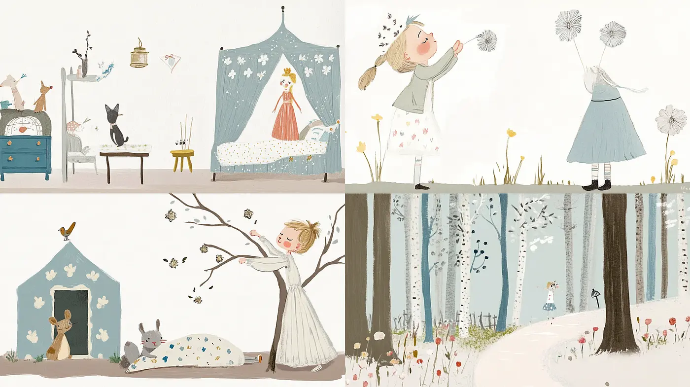 Charming Whimsical Illustrations with Soft Color Palette - Midjourney sref style
