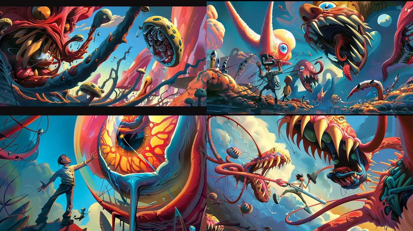 Surreal Aquatic Dreamscape with Dynamic Tentacles and Vivid Hues - Midjourney sref style