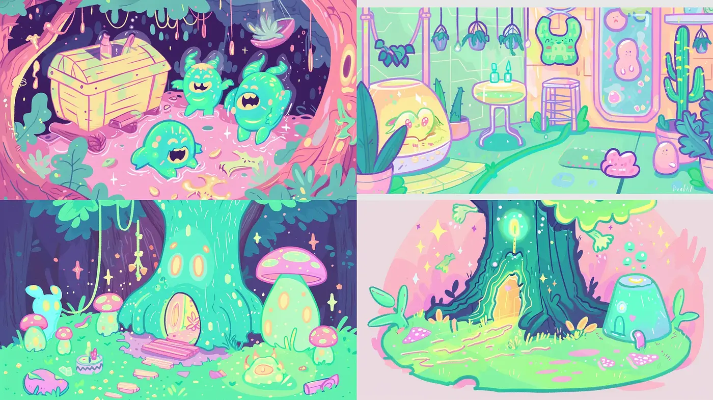 Whimsical Pastel Dreamscape with a Cartoonish Fantasy Essence - Midjourney sref style