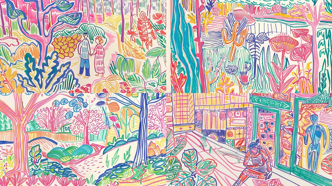 Psychedelic Nature Tapestry in Vivid Line Art - Midjourney sref style
