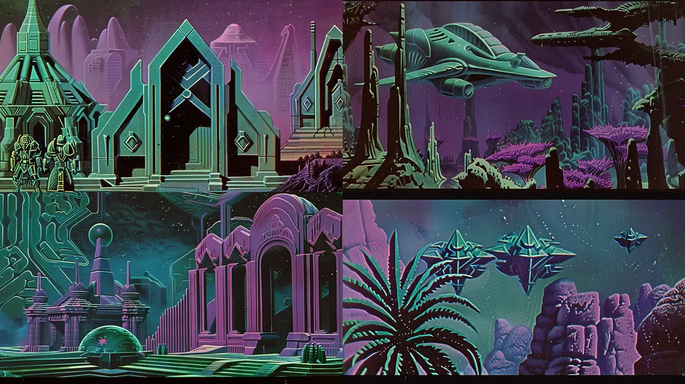Synthesized Nocturne: The Dark Spectrum of Retrofuturistic Dreamscapes - Midjourney sref style
