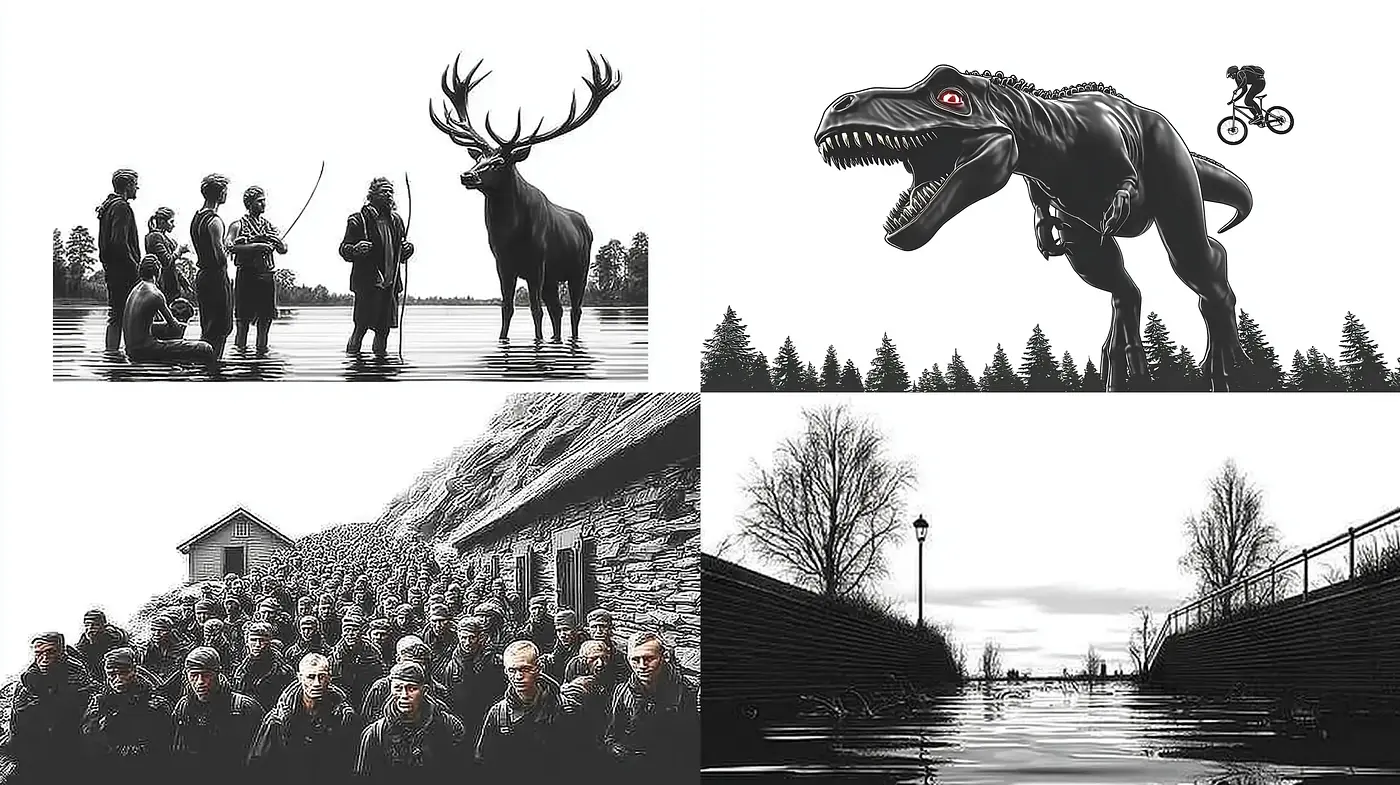 Cinematic Black and White Imagery with a Surreal Twist - Midjourney sref style