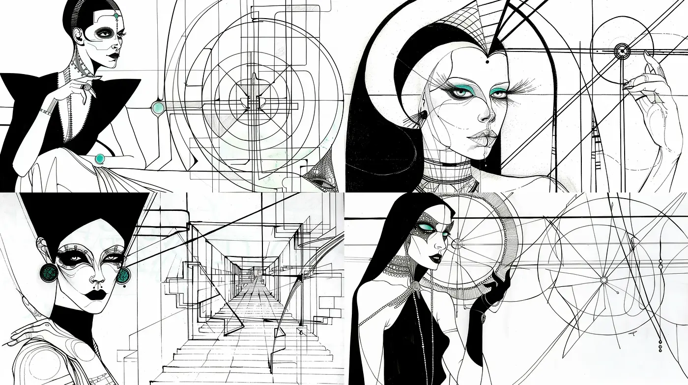 Monochromatic Futuristic Elegance with Geometric Precision - Midjourney sref style
