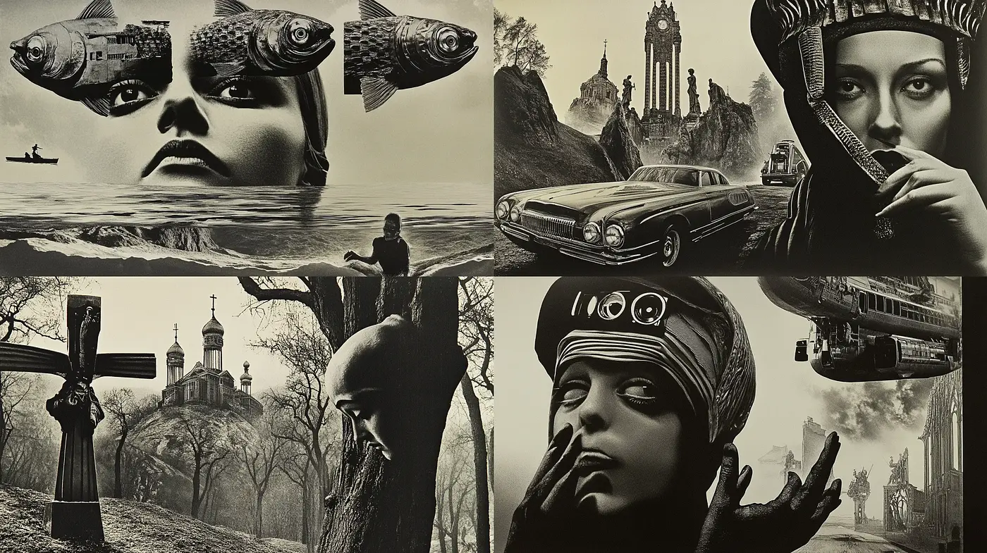 Surreal Noir Dreamscape: A Homage to Dali and Schiele in Monochrome - Midjourney sref style